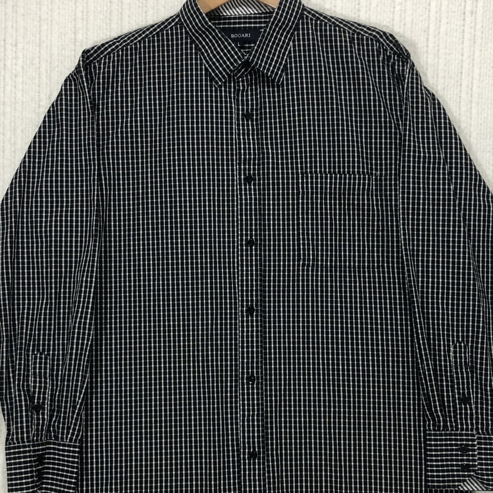 Bogari Mens Large Black White Grid Check Button Down Shirt 100% Cotton LS
